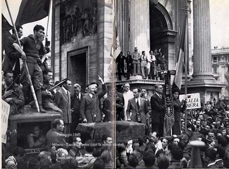 1945 - Sandro Pertini (con la mano alzata) parla a Milano all'Arco della Pace 