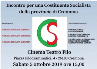 PER UNA COSTITUENTE DELLE COMUNITÀ SOCIALISTE CREMONESI relazione di Tommasio Anastassio Cremona 5 ottobre 2019